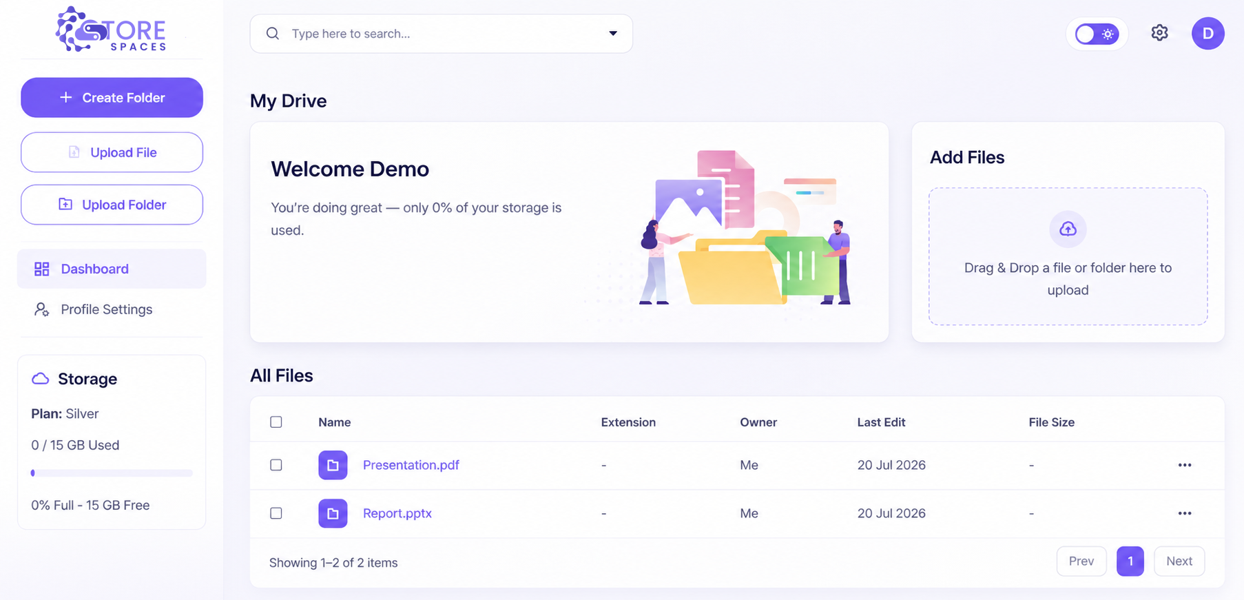 Store Spaces dashboard showing My Drive, file management, and storage overview
