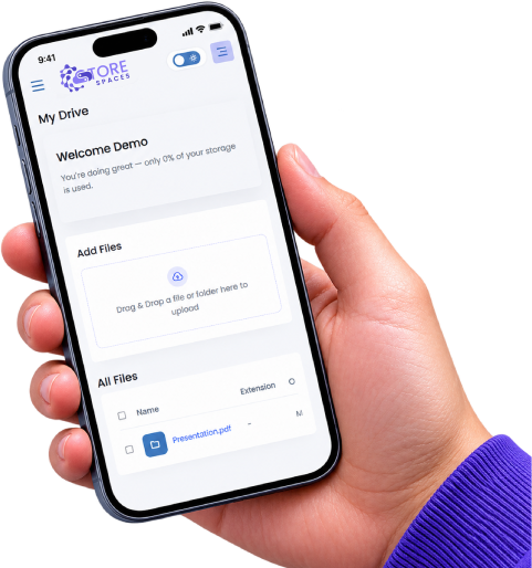 Store Spaces mobile app showing dashboard and file management